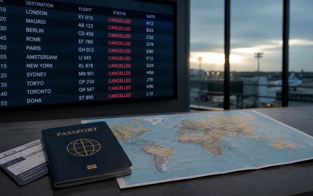 Panel de salidas de un aeropuerto con vuelos marcados como cancelados, junto a un pasaporte y un mapa del mundo, por la alerta de viaje de Estados Unidos