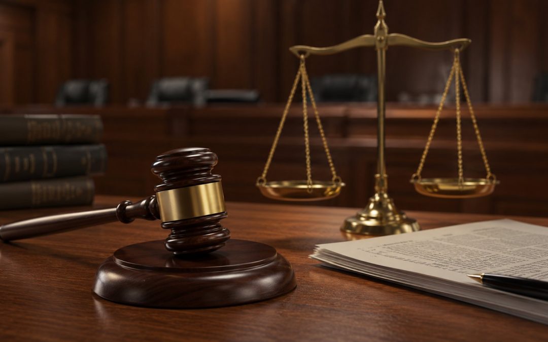 Mazo de juez y balanza de la justicia sobre un estrado de madera, que ilustra el proceso judicial en un tribunal de Estados Unidos