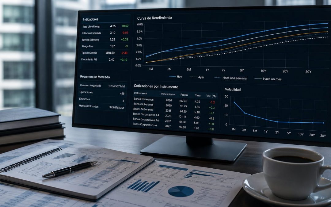 Pantalla de mercados financieros con una curva de rendimiento e indicadores de bonos soberanos