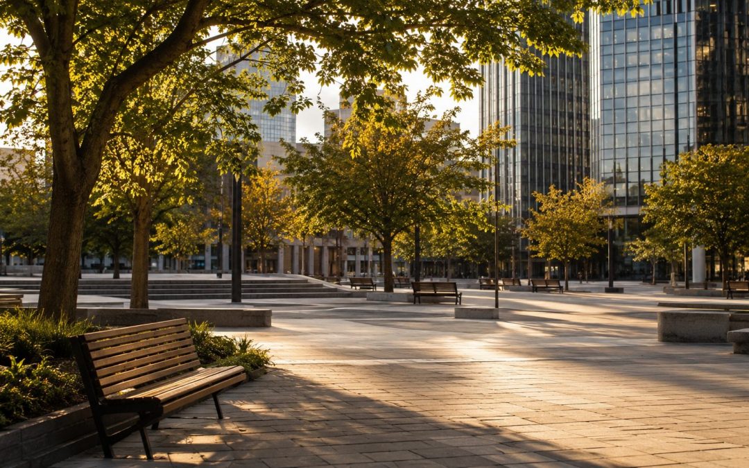Plaza pública arbolada con bancas y edificios de oficinas al fondo, con luz de media tarde