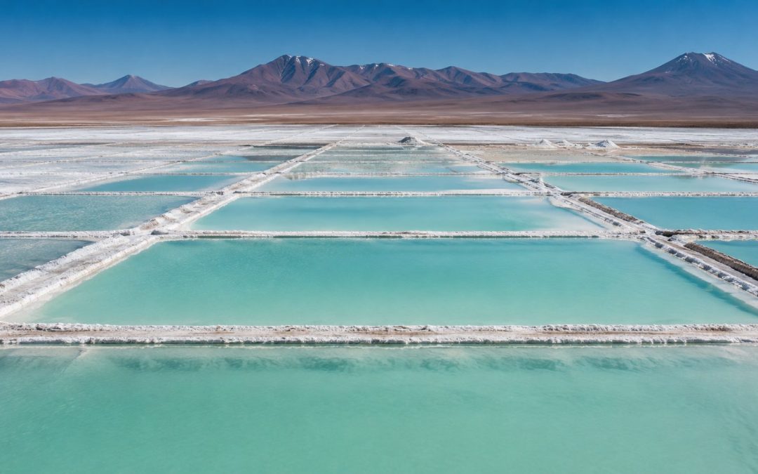 Pozas de evaporación de salmuera en un salar de altura con montañas al fondo
