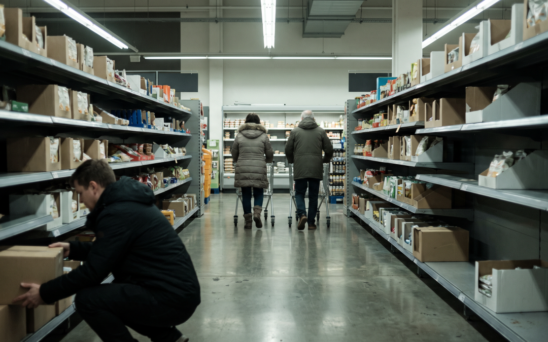 Compradores recorren el pasillo de un supermercado con sus carros