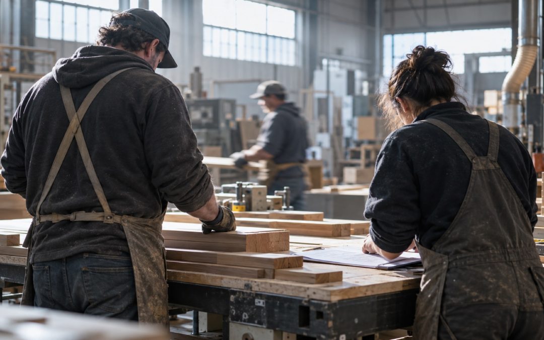Trabajadores revisan piezas de madera en una planta de manufactura