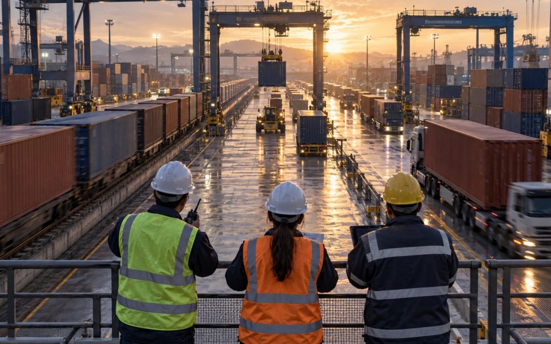 Operarios vistos de espaldas supervisan contenedores y grúas en un puerto al atardecer.