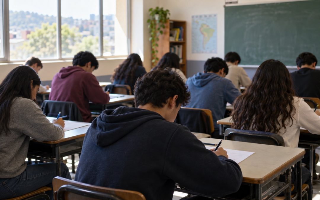 Estudiantes latinoamericanos rinden una evaluación en una sala de clases.