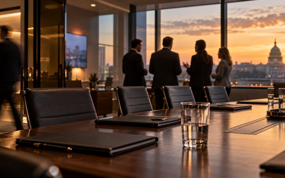 Ejecutivos conversan en una sala institucional al atardecer
