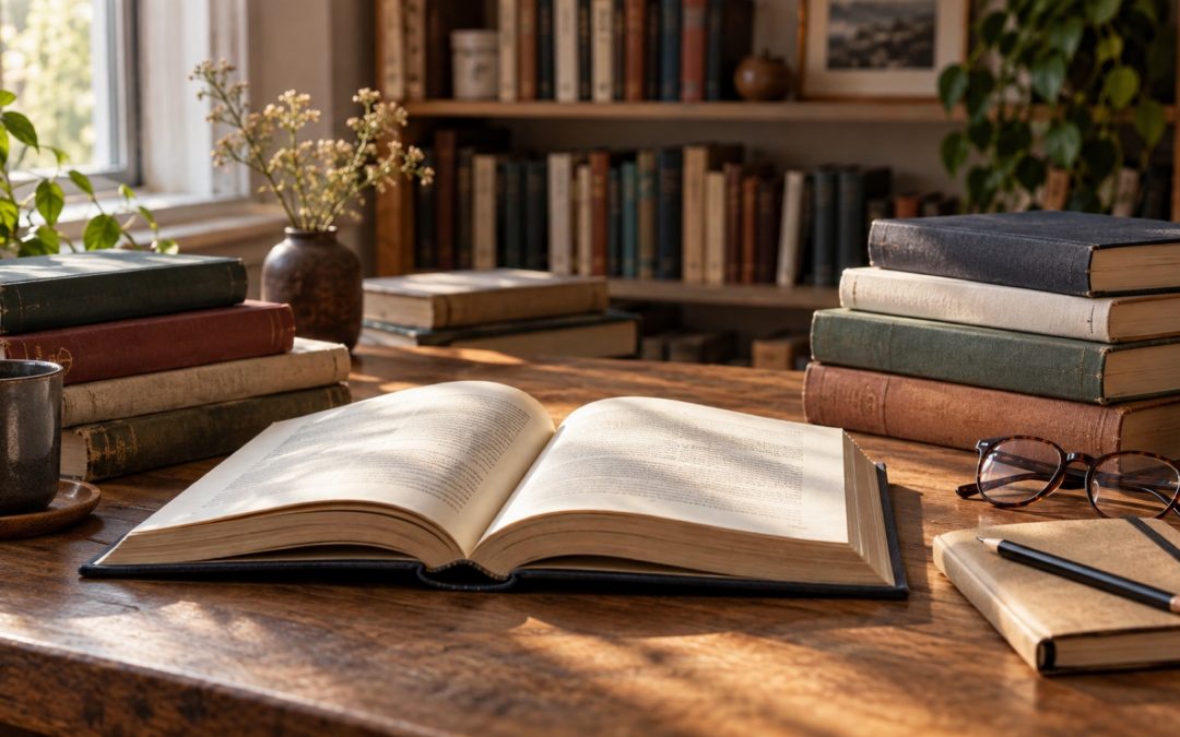 Libro abierto sobre una mesa junto a otros volúmenes en una escena de lectura con luz natural.