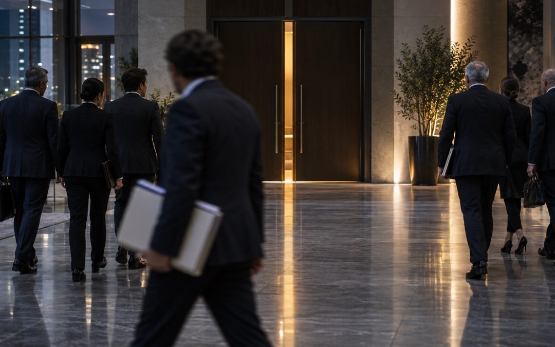 Delegaciones anónimas caminan por un vestíbulo institucional antes de una reunión diplomática internacional.