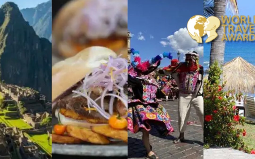 Collage de Machu Picchu, gastronomía y cultura peruana junto al sello World Travel Awards