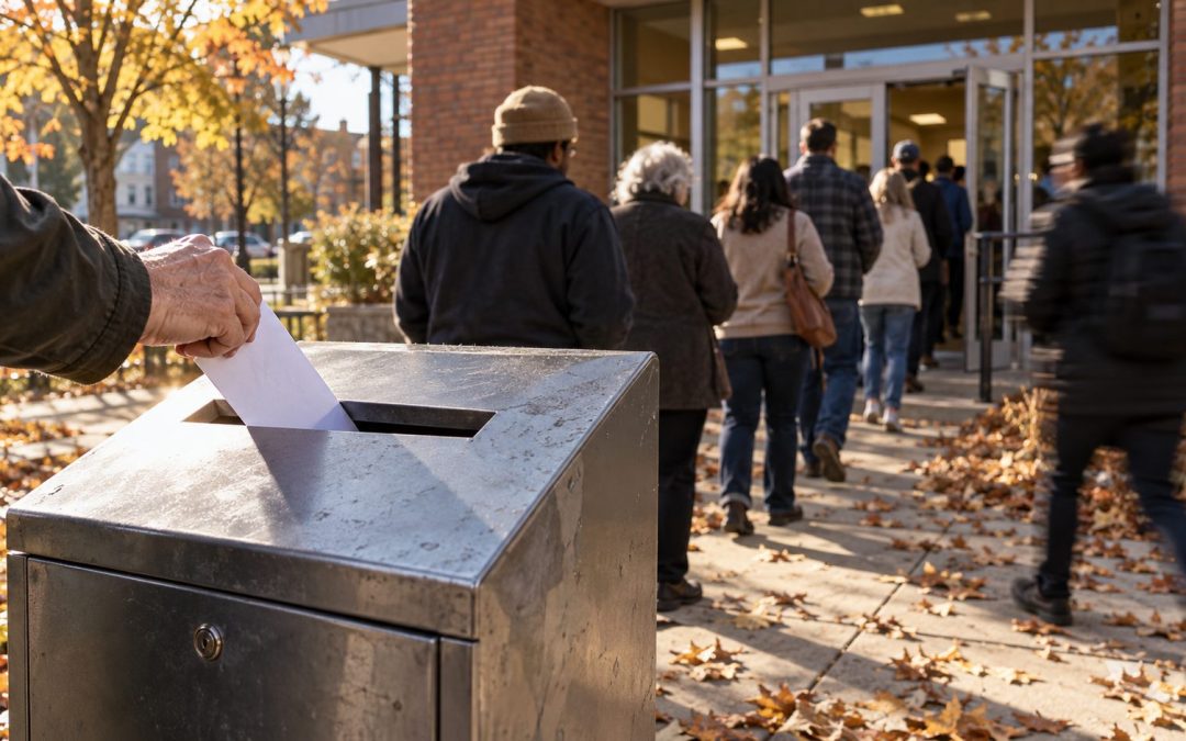 Votantes hacen fila frente a un centro comunitario mientras una persona deposita su voto en un buzón